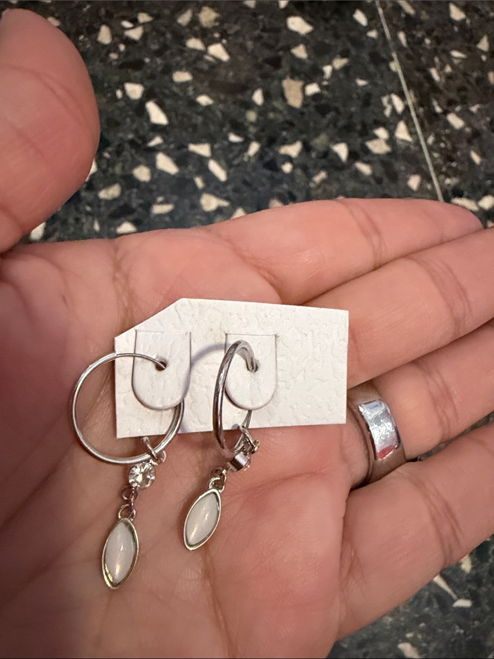 Silver Hoop Earrings with White Marquise Drop